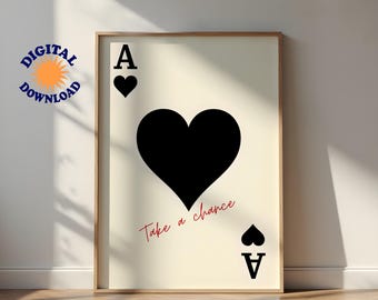 Ace of Hearts Card Print, Retro Bar Decor (Instant Download)