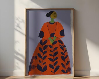 Woman in Orange Dress Print: Colorful Botanical Art (Unframed Poster)