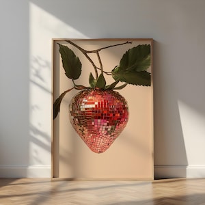 Pink Retro Strawberry Disco Fruit Art Poster, Preppy Kitchen Wall Decor, Funky Eclectic Food Print, Vintage Disco Kitchen Art