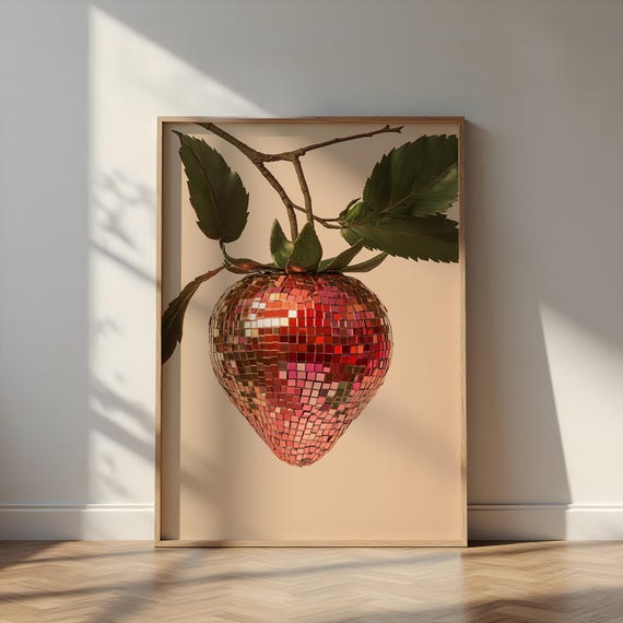 Strawberry Disco Ball Art Print: Retro Kitchen Decor