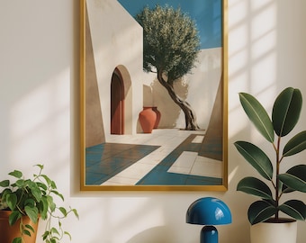 Olive Tree Wall Art: Mediterranean Courtyard Scene - Boho Colors