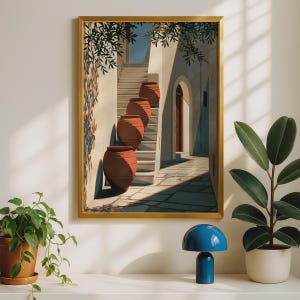 May include: A framed wall art print depicting a Mediterranean-style stone staircase with four large terracotta-coloured clay pots arranged in a vertical row. The scene features architectural archways, deep shadows, and overhanging olive tree branches.