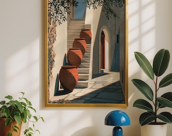 Mediterranean Terracotta Pots Print: Greek Village with Olive Trees