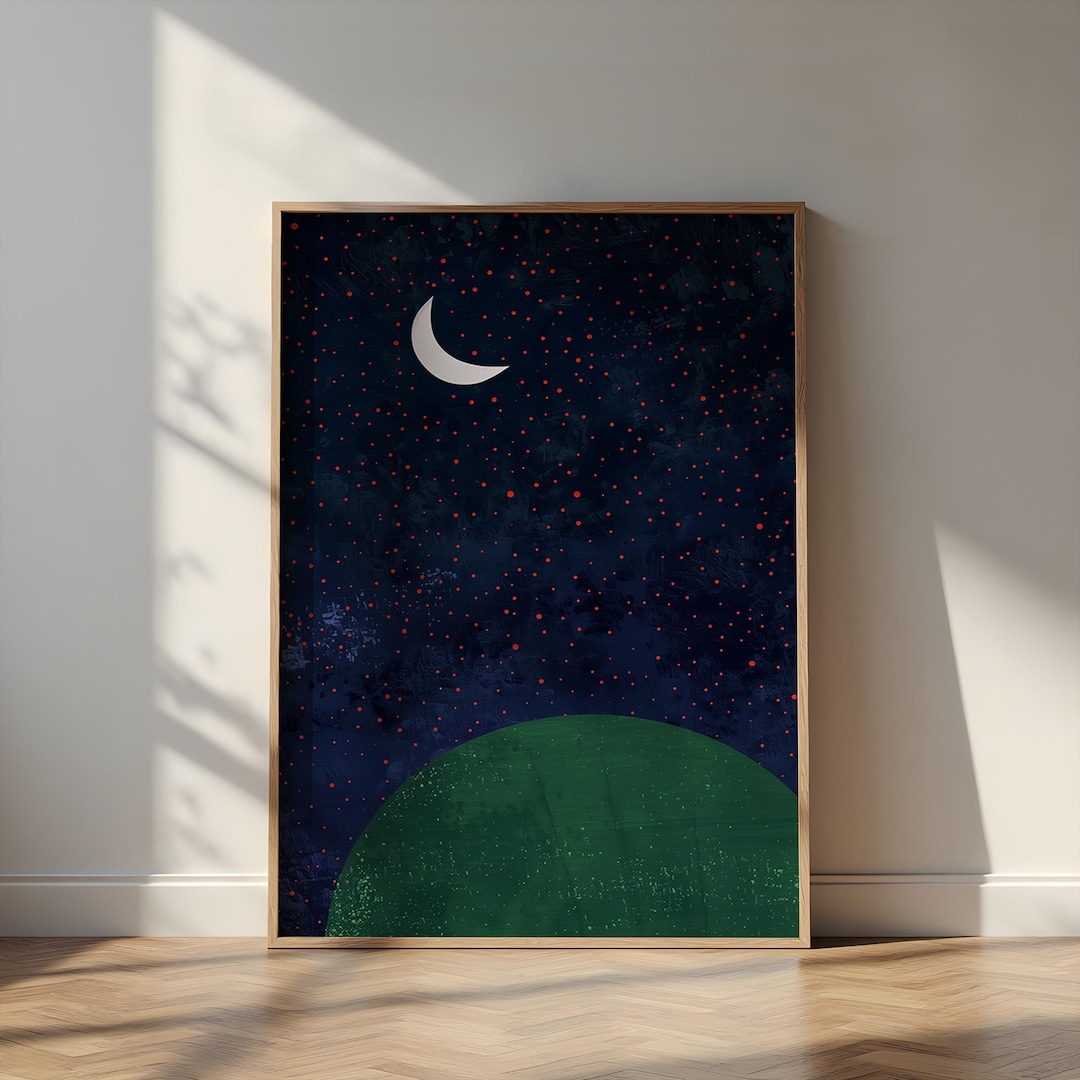 Moon and Stars Poster, Minimal Night Sky Illustration, Celestial Wall ...