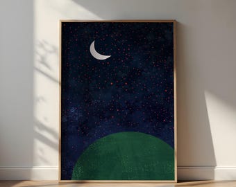 Minimal Moon and Stars Poster - Celestial Night Sky Wall Decor