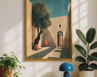 Olive Tree Mediterranean Print - Terracotta, Teal Sky Artwork