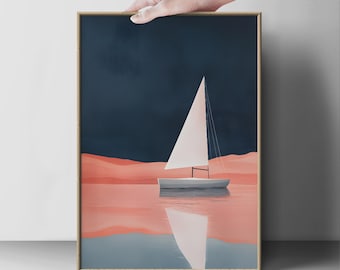 Coastal Sailboat Print, Geometric Design (Pink and Navy Colors)