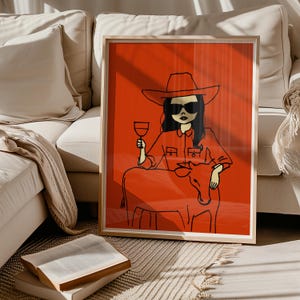 Abstract Cowgirl Poster, Cowgirl Wine Print, Red Boho Western Poster, Modern Southwest Room Wall Art, Maximalist Cowgirl Farmer Poster.
