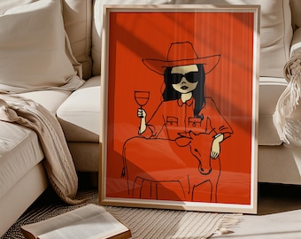 Cowgirl Wein Print Abstrakt: Rote Boho Western Wandkunst