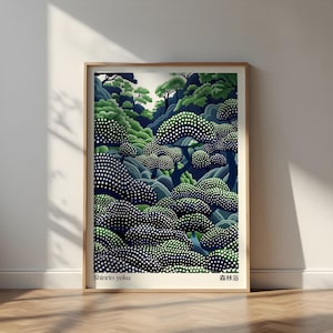 Green Forest Dot Japandi Wandkunst, Wabi Sabi Wandkunst, Yayoi Kusama inspiriert Druck, minimalistisches Poster für Wohnzimmer, Schlafzimmer oder Büro.