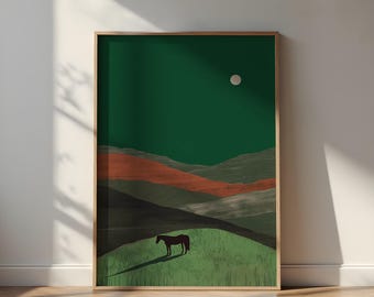 Minimalist Horse Art Print - Green Moonlit Midcentury Poster