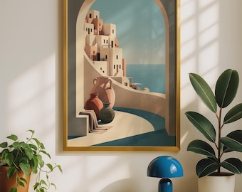 Greek Island Poster: Santorini Arch - Terracotta, Soft Blue Tones