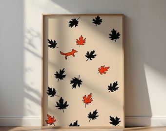 Woodland Fox Poster, Minimal Autumn Leaves (Glossy Wall Art)