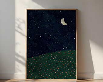 Night Sky Wall Art: Moon and Orange Stars - Minimal, Dreamy Decor