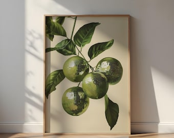 Limonkowa kula dyskotekowa: eklektyczna sztuka ścienna z owocami