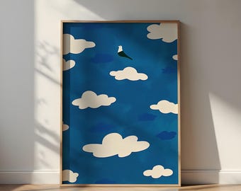 Bird in Clouds Poster: Minimal Blue Sky Wall Art