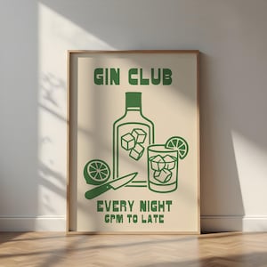 Gin and Tonic Wall Art - Vintage Gin Club Print, Kitchen Poster, Bar Cart Decor, Retro Drink Quote Digital Art