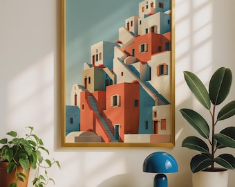 Santorini Architecture Poster: Mediterranean Village Scene (Terracotta Palette)