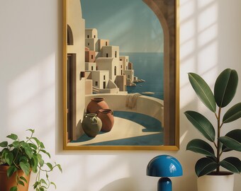 Mediterranean Village Art Print: Greek Island, Terracotta & Sage