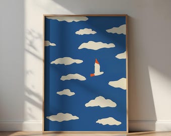 Flying Bird Poster: Minimal Sky Illustration, Coastal Wall Art