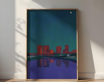 Modern Cityscape Art Print - Night Skyline Reflection