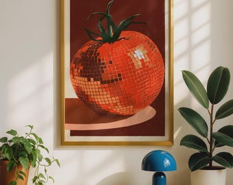 Disco Tomato Poster, Funky Red Mirror Ball Fruit Wall Art, Kitchen Print, Retro