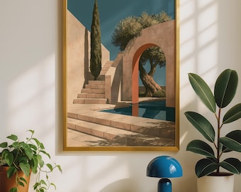 Olive Tree Arch Poster: Mediterranean Courtyard Scene (Glossy Museum Paper)