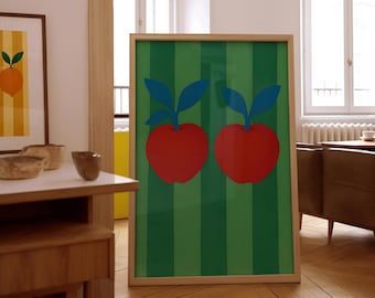 Lámina artística retro de manzana: Póster de decoración maximalista para la cocina