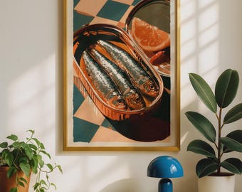 Retro Anchovy Tin Art Print, Teal Orange Checkerboard Kitchen Wall Art (Digital Download)