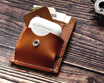 Leather Wallet with AirPods Pocket Holder, Minimalist Card Wallet, EarBuds Caddy, Everyday Wallet, Unique Wallet for Men, Gift Idea for Him