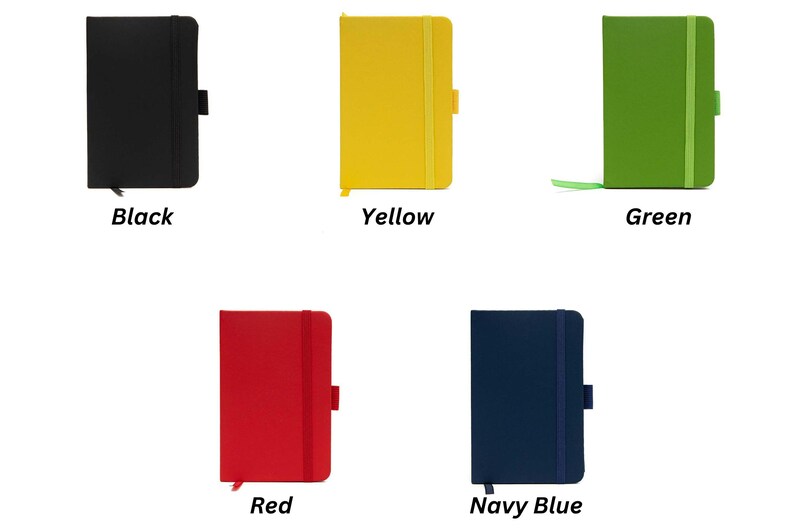 May include: Five small notebooks in different colors: black, yellow, green, red, and navy blue. Each notebook has a ribbon bookmark and a closure strap.