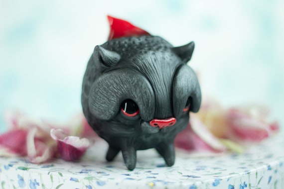 Coal cat figurine figure clay sculpture hybrid animal miniature ooak doll collectible handmade toy red