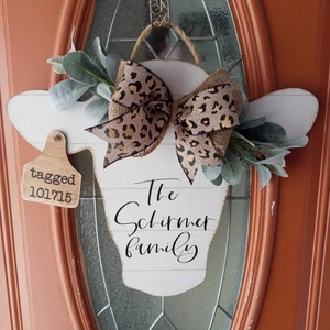 Cowhead door hanger, front door decor, door hanger, farmhouse decor, cow door hanger, last name door hanger