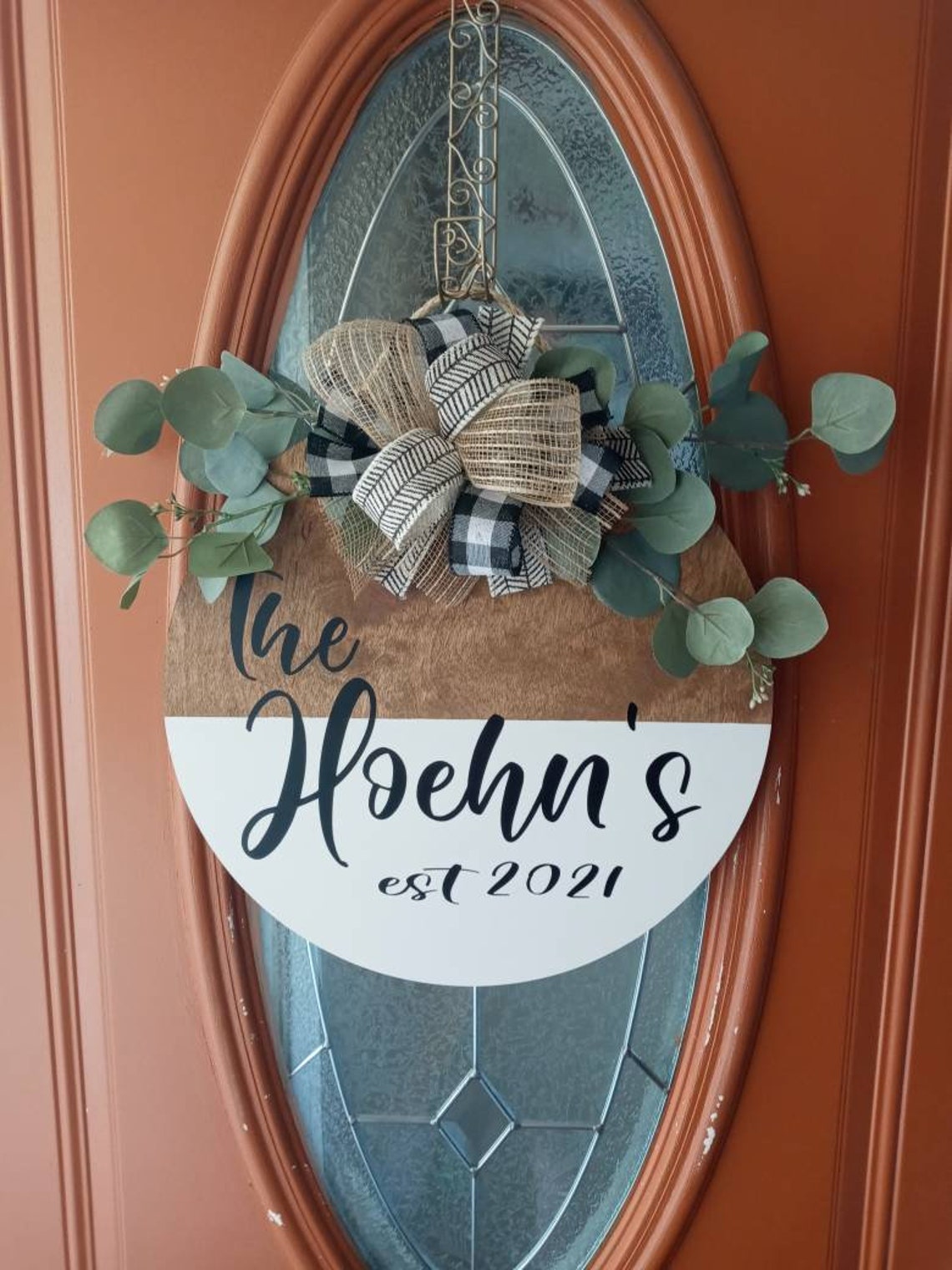 Last name door hanger wood door hanger name established Etsy