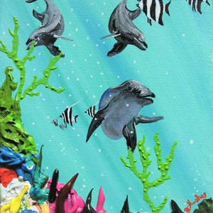 DOLPHINS PLAYING, colorful corals, underwater scene on Stretched Canvas, Size 8 X 6, ORIGINAL