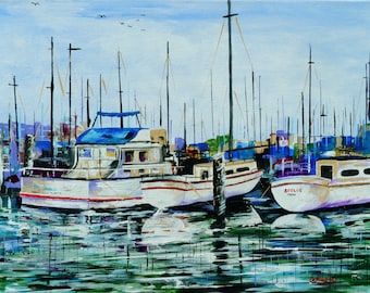 SAILBOATS and POWER BOATS at the dock, Boat Masts, Stretched Canvas Acrylic Painting, Size 16 X 20, unframed, original