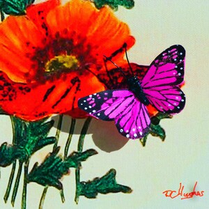 Puede incluir: Una pintura vibrante que muestra una gran amapola de color naranja brillante con hojas y tallos de color verde oscuro. Una mariposa rosa intenso con venas negras en las alas y bordes con puntos blancos descansa sobre la flor. Firma D.C. Hughes en rojo.