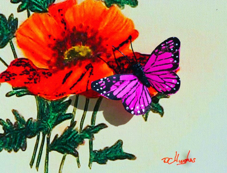 Puede incluir: Una pintura vibrante que muestra una gran amapola de color naranja brillante con hojas y tallos de color verde oscuro. Una mariposa rosa intenso con venas negras en las alas y bordes con puntos blancos descansa sobre la flor. Firma D.C. Hughes en rojo.