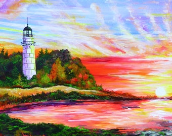 May include: A white lighthouse stands tall on a grassy cliff overlooking a body of water. The sky is a vibrant mix of pink, orange, and yellow, with clouds streaked with purple and white. The sun is setting in the distance, casting a warm glow over the scene.