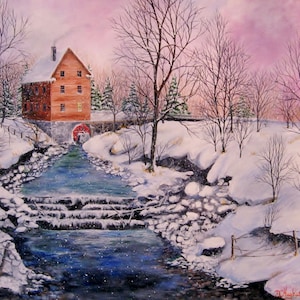 GRIST MILL with a Red Water Wheel, Stretched Canvas Print, Size 16 X 20.