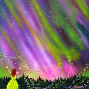 AURORA BOREALIS and VAL, Stretched Canvas, Unframed Print, Whimsical Scene, Size 16 X 20