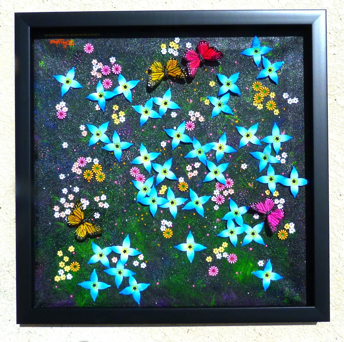 Acrylic Painting, Card Stock Flowers, 3 Dimensional Painting, Bluets, Flowers and Butterflies Etsy