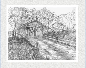 Puede incluir: Dibujo en blanco y negro a pluma y tinta de un puente cubierto. El puente tiene un techo y laterales de madera, con una plataforma de madera. Los árboles y el follaje rodean el puente, creando un paisaje.