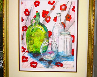 Colored Pencil Drawing, GLASS STILL LIFE, Matted and Framed Drawing, Size 13.5X 10.24 in. Beautiful green and clear glass painting