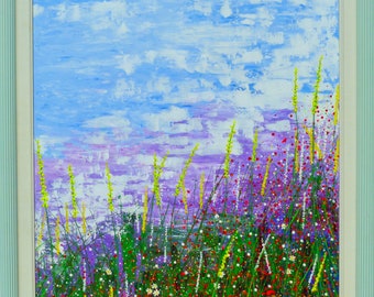 FLOWERY HILLSIDE, Framed Acrylic Painting, Stretched Canvas, Size 24 X 36 ORIGINAL