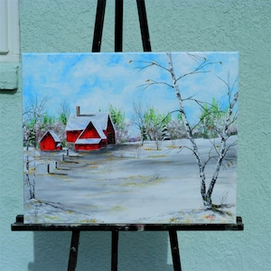 Red Barn ,White Birch, Acrylic Painting, Stretched Canvas,  Size 16 X 20, UNFRAMED, ORIGINAL
