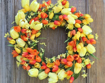 Tulip Wreath, Spring Wreath, Spring Decor, Yellow Wreath, Forsythia Wreath, Colorful Wreath, Sunny Wreath, Floral Wreath, Front Door Wreath