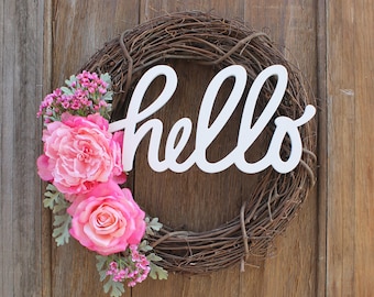 Spring Wreath, Hello Wreath, Hello Sign, Front Door Wreath, Rose Wreath, Peony Wreath, Pink Wreath, Boho Wreath, Summer, Anytime Wreath