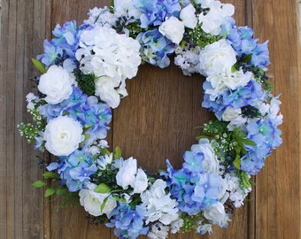 Hydrangea Wreath, Wedding Wreath, Blue Floral Wreath, Blue and White Wreath, Bridal Shower Wreath, Spring Wreath, Summer Wreath, Door Wreath