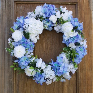 Hydrangea Wreath, Wedding Wreath, Blue Floral Wreath, Blue and White Wreath, Bridal Shower Wreath, Spring Wreath, Summer Wreath, Door Wreath